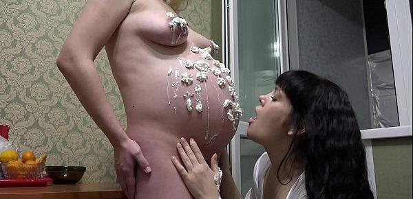  Lesbian licking cream from pregnant milf, fetish foreplay with food.